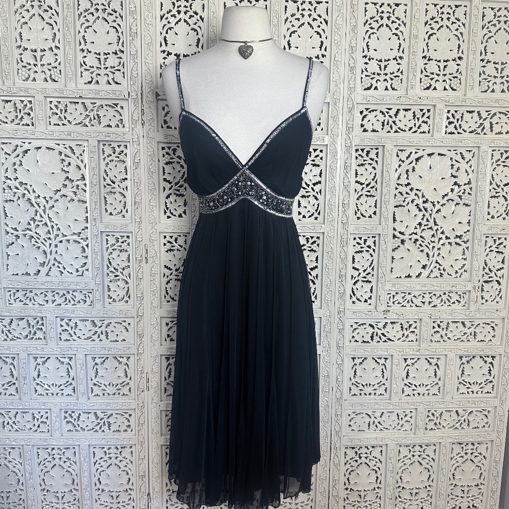 2000s Eci New York Black Sequin Beaded V Neck Babydoll Dress